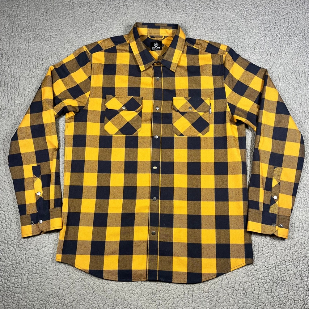 Flylow Handlebar Tech flannel Shirt Mens L Snap Buffalo Plaid Yellow Gorpcore